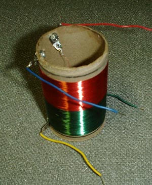 Photo of the finished RF coil showing solder lugs and both windings.