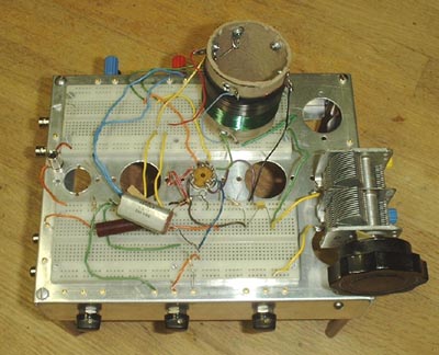  Photo showing breadboard with tuning capacitor and coil.