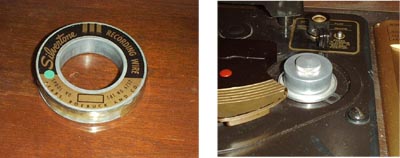  Photo, left a spool of wire, and right the empty wire spool spindle in the machine.