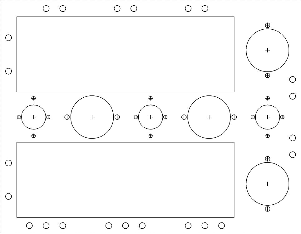 Line drawing of chassis layout.  Holes are indicated as circles.Centers of holes are marked with crosses.