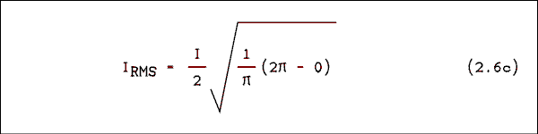  I RMS = I over 2 times the square root of 1 over pi times the quantity 2 pi minus 0.